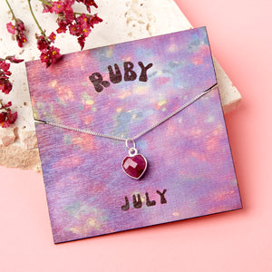 Sterling Silver July Ruby Necklace Card