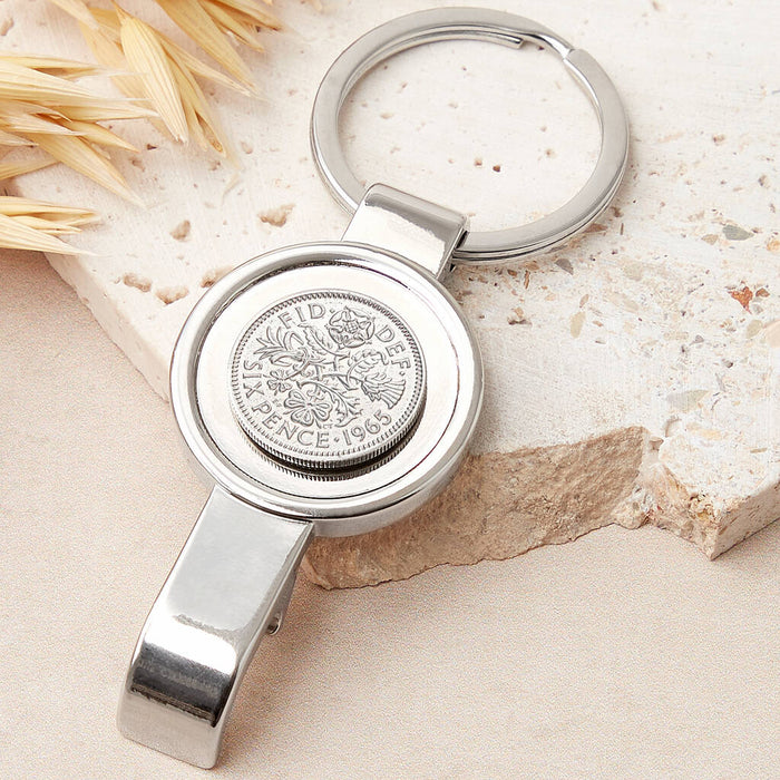 60th Birthday 1965 Sixpence Bottle Opener Keyring
