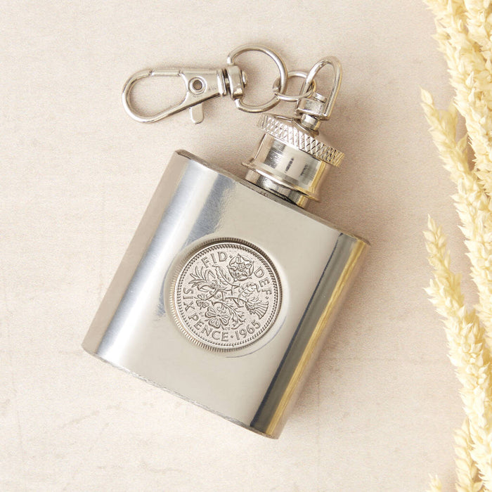 60th Birthday 1965 Sixpence Mini Hipflask Keyring