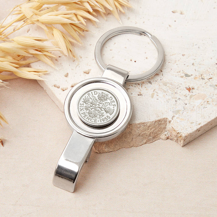 70th Birthday 1955 Sixpence Bottle Opener Keyring
