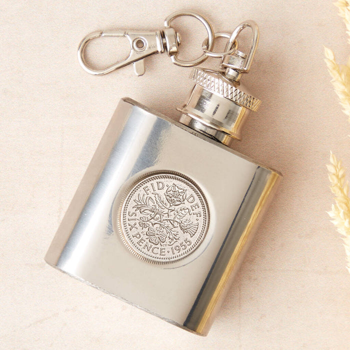 70th Birthday 1955 Sixpence Mini Hipflask Keyring