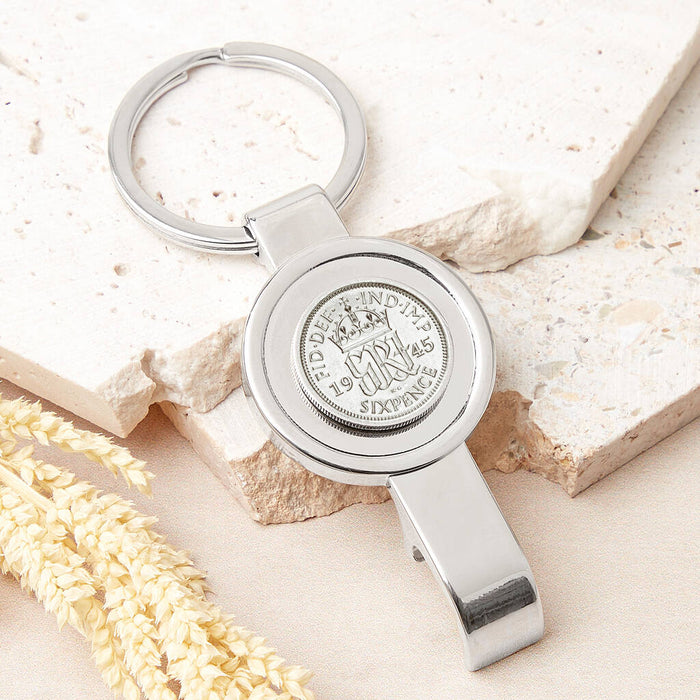 80th Birthday 1945 Sixpence Bottle Opener Keyring