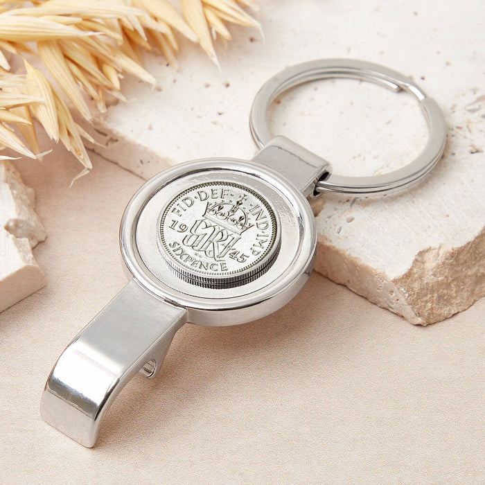 80th Birthday 1945 Sixpence Bottle Opener Keyring