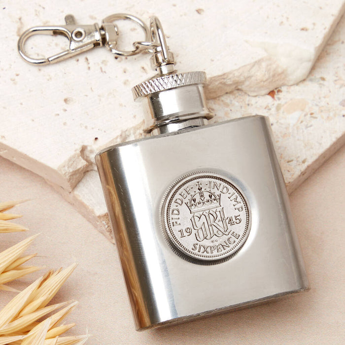 80th Birthday 1945 Sixpence Mini Hipflask Keyring