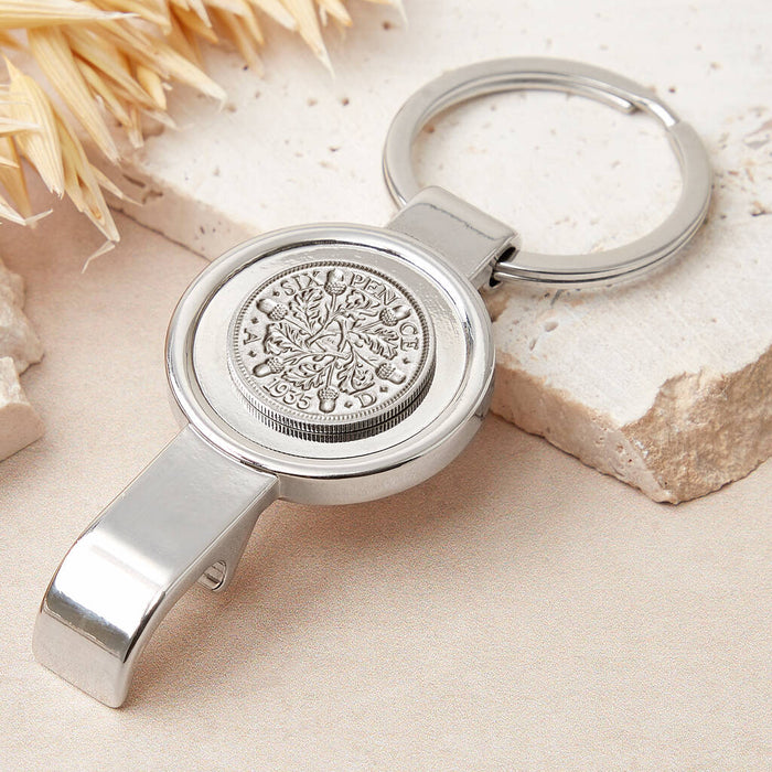 90th Birthday 1935 Sixpence Bottle Opener Keyring