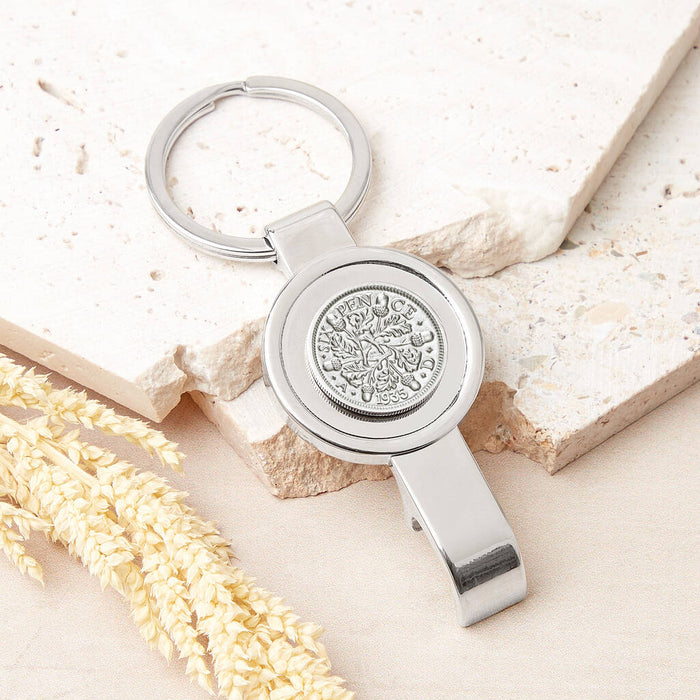 90th Birthday 1935 Sixpence Bottle Opener Keyring