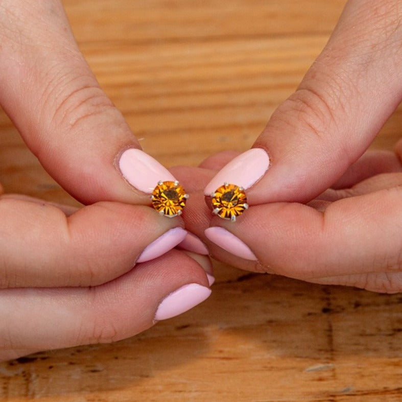 November Birthstone Yellow Topaz Sterling Silver Crystal Stud