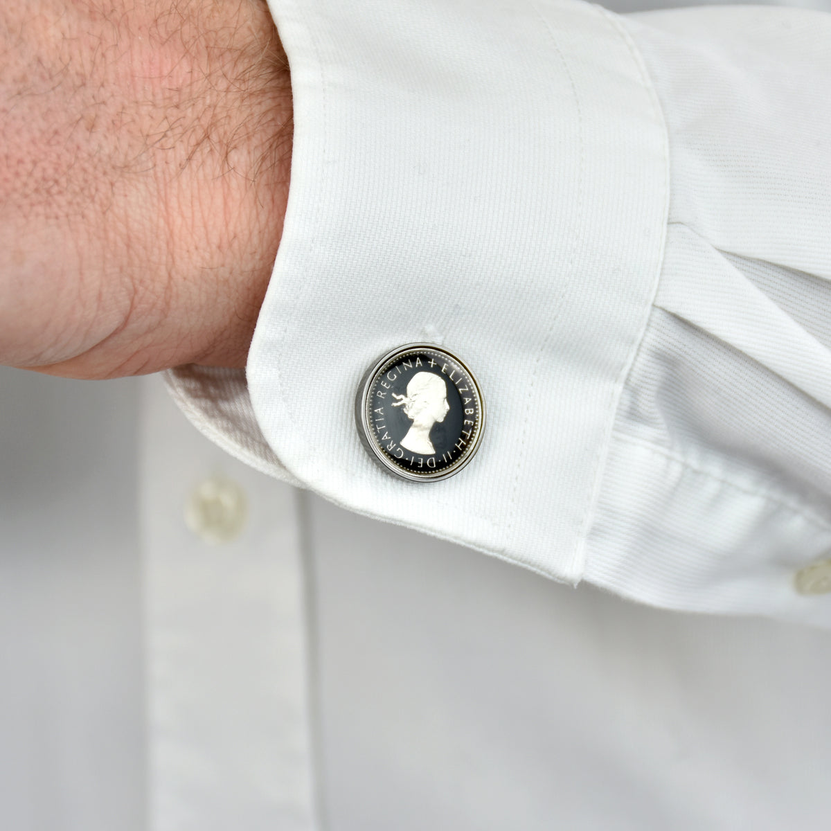 Sixpence Enamel Coin Cufflinks - Silver