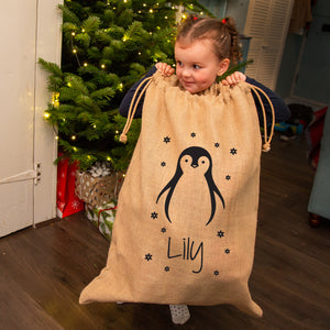 Personalised Christmas Penguin Hessian Sack