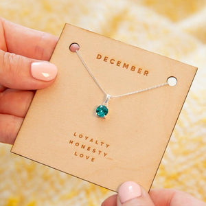 December Birthstone - Blue Zircon Sterling Silver Crystal Necklace Characteristic Card