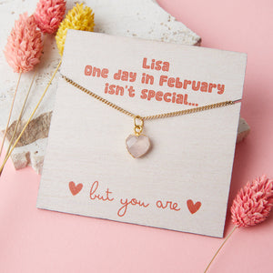 Valentines Gold Plated Rose Quartz Necklace Card