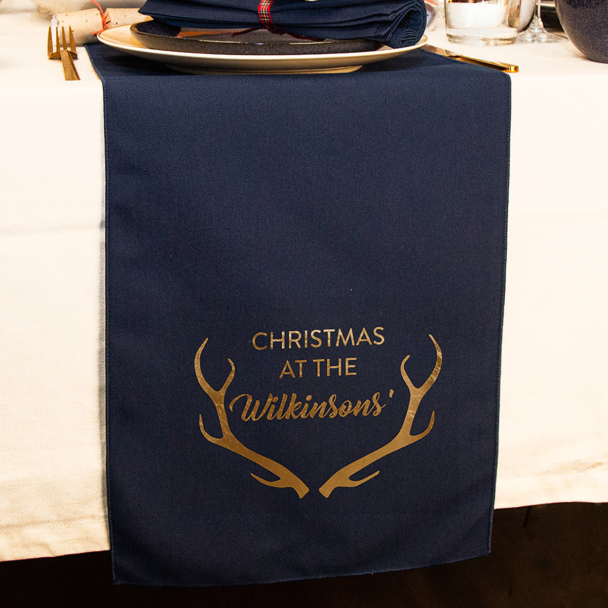 'Christmas at the' Personalised Antlers Christmas Table Runner