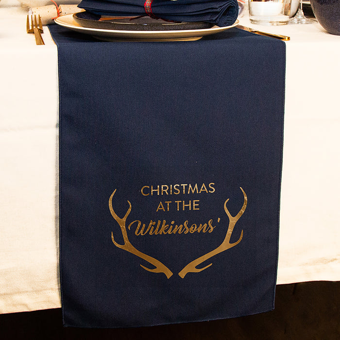 'Christmas at the' Personalised Antlers Christmas Table Runner