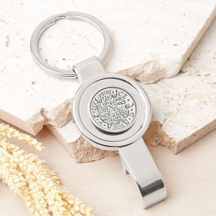 90th Birthday 1936 Sixpence Bottle Opener Keyring