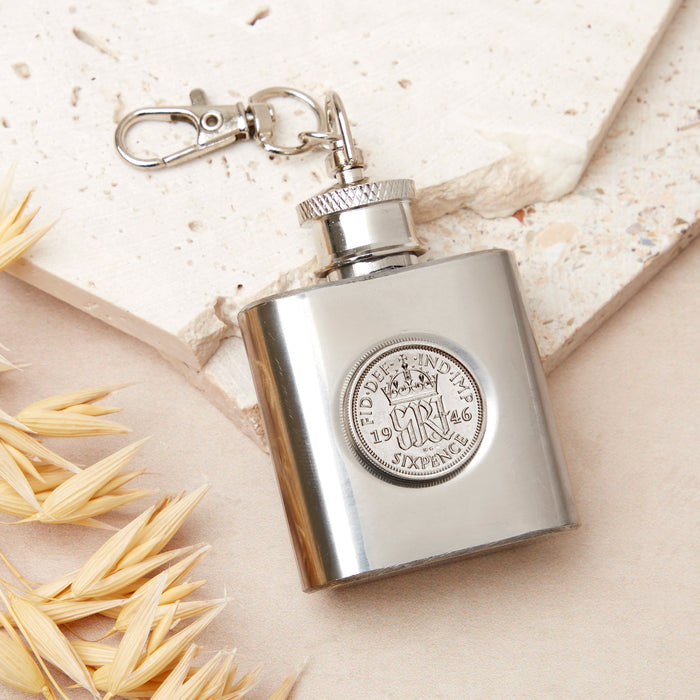 80th Birthday 1946 Sixpence Mini Hipflask Keyring