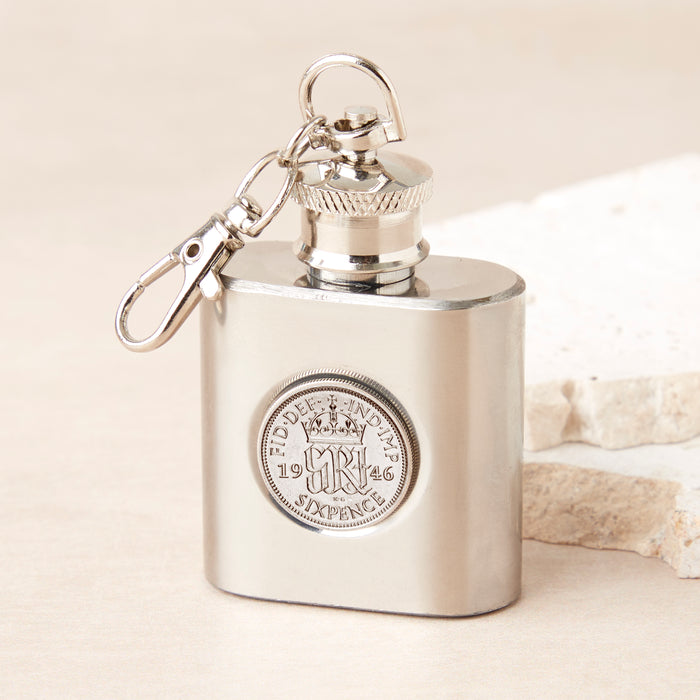 80th Birthday 1946 Sixpence Mini Hipflask Keyring
