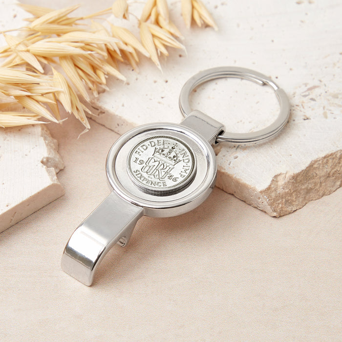 80th Birthday 1946 Sixpence Bottle Opener Keyring