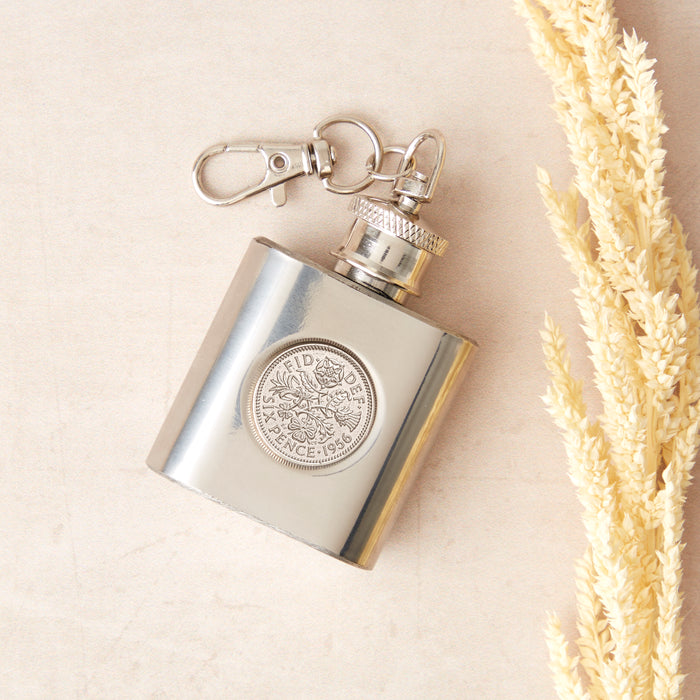 70th Birthday 1956 Sixpence Mini Hipflask Keyring
