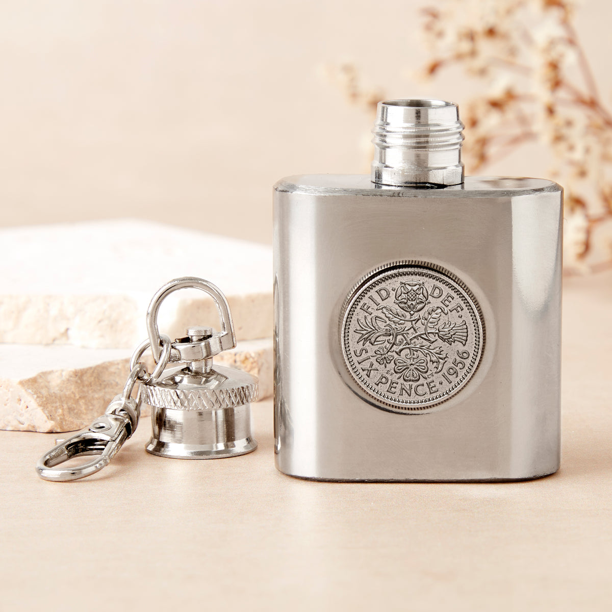 70th Birthday 1956 Sixpence Mini Hipflask Keyring