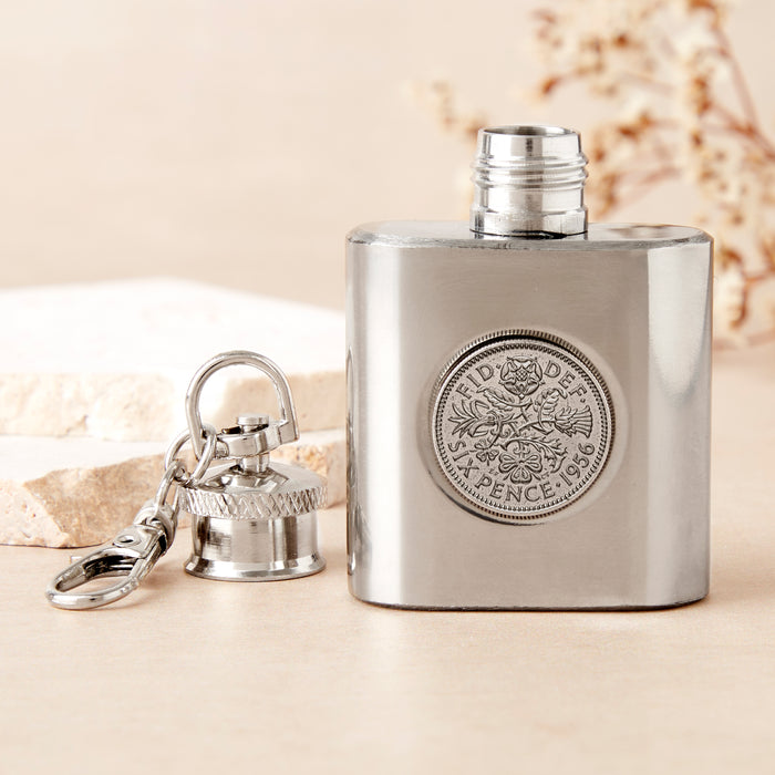 70th Birthday 1956 Sixpence Mini Hipflask Keyring