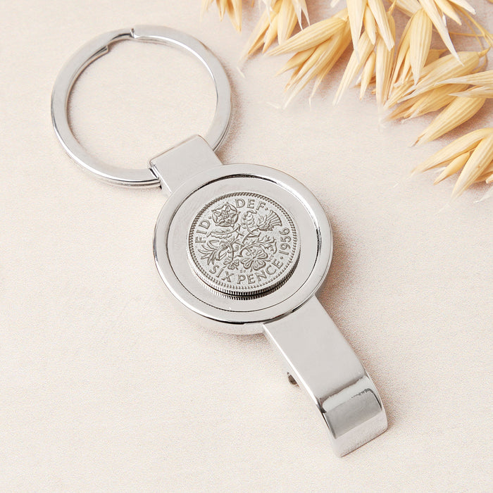 70th Birthday 1956 Sixpence Bottle Opener Keyring