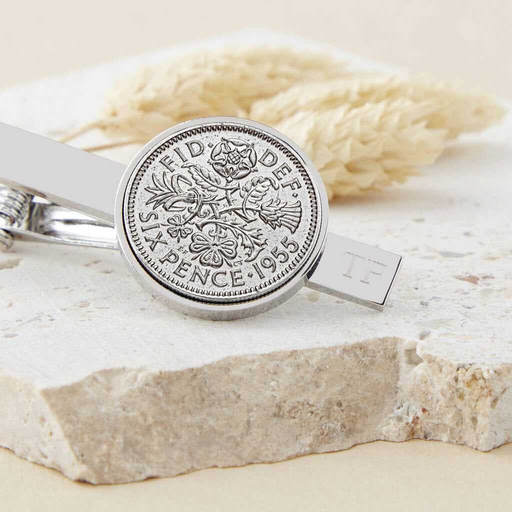 70th Birthday 1955 Sixpence Year Coin Tie Clip