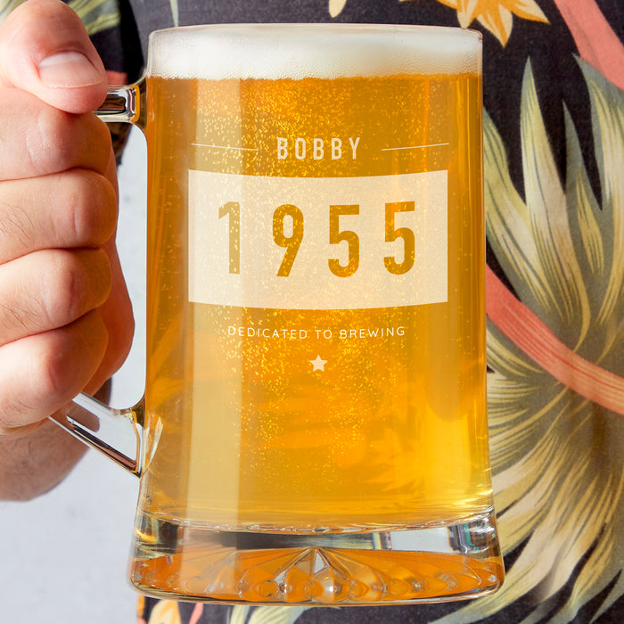 Personalised 'Dedicated to Brewing' Name and Birth Year Beer Tankard