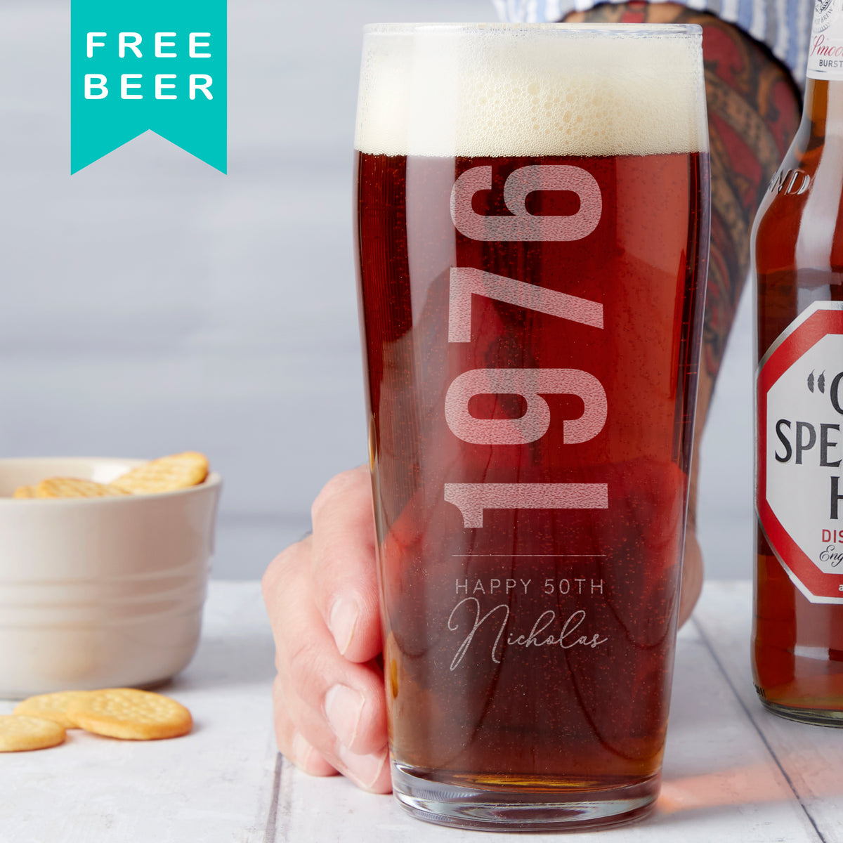 Personalised 50th Birth Year And Name Beer Glass