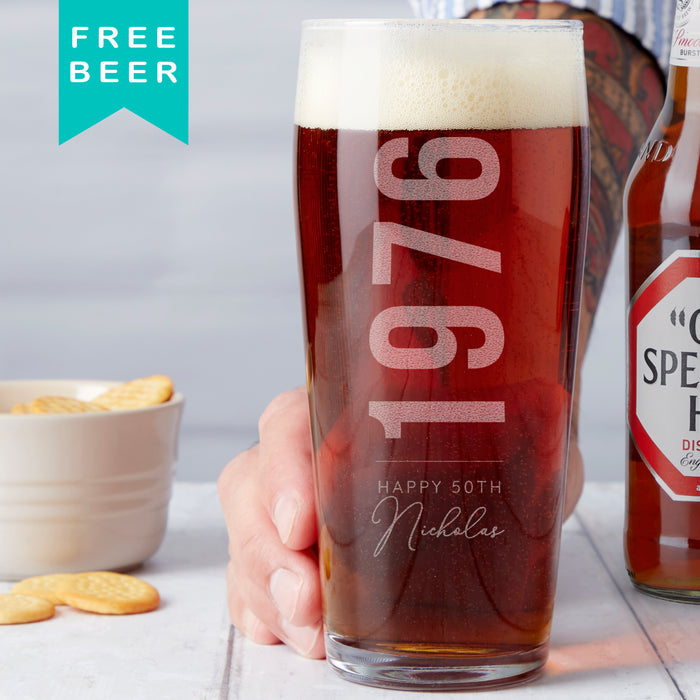 Personalised 50th Birth Year And Name Beer Glass