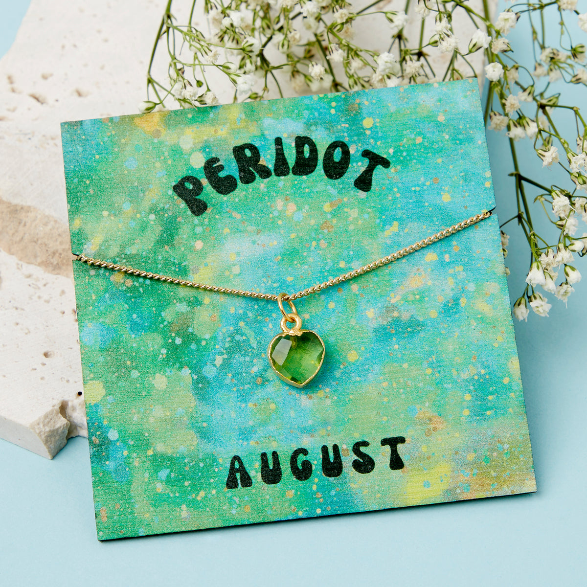 Gold Plated August Peridot Necklace Card