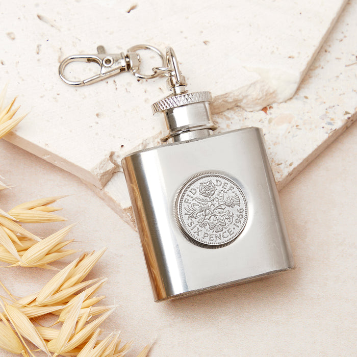 60th Birthday 1966 Sixpence Mini Hipflask Keyring