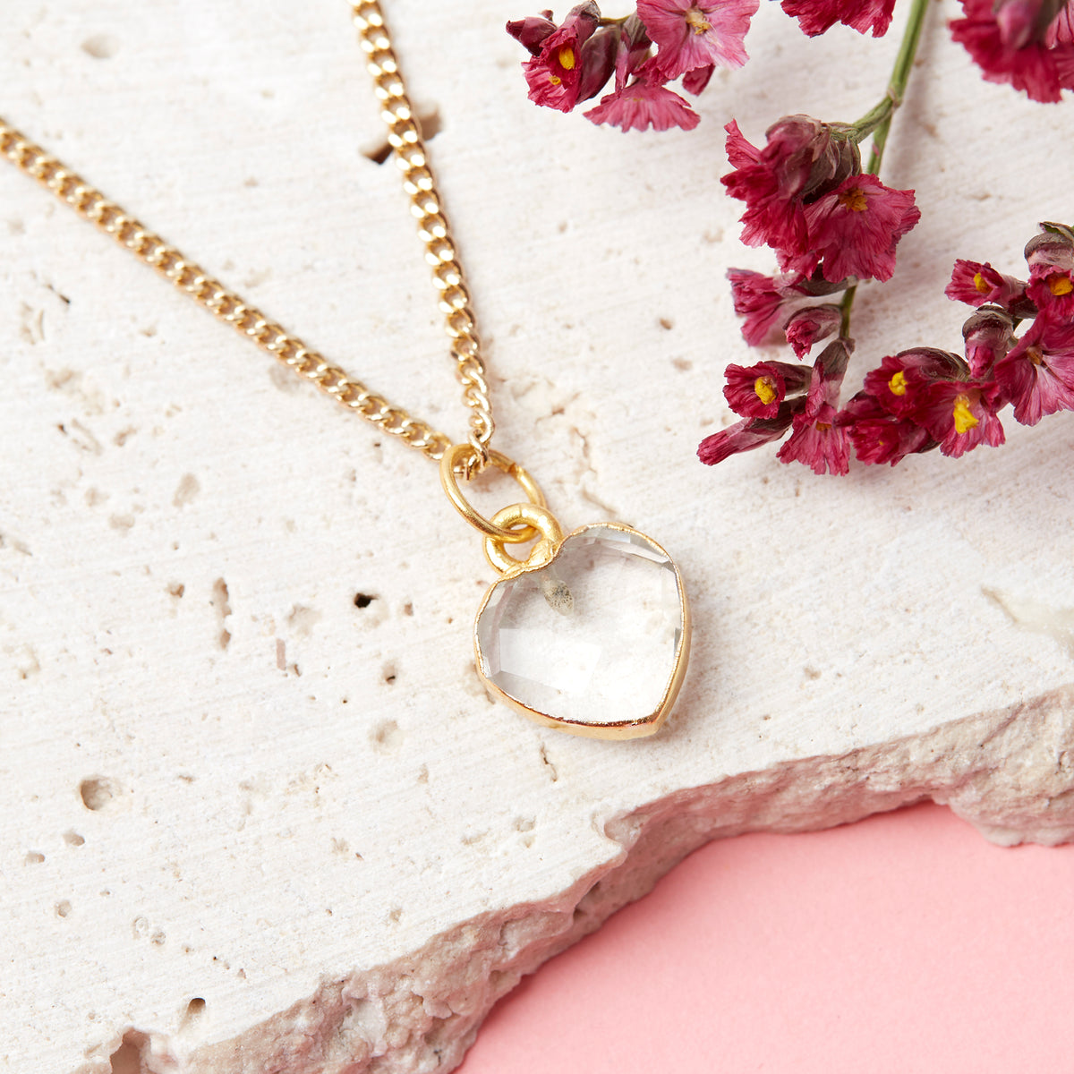Gold Plated Heart Clear Quartz Gemstone Necklace – Ellie Ellie