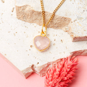 Gold Plated Heart Rose Quartz Gemstone Necklace