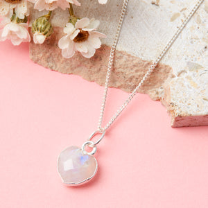 Sterling Silver Heart Rainbow Moonstone Gemstone Necklace