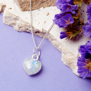 Sterling Silver Heart Rainbow Moonstone Gemstone Necklace