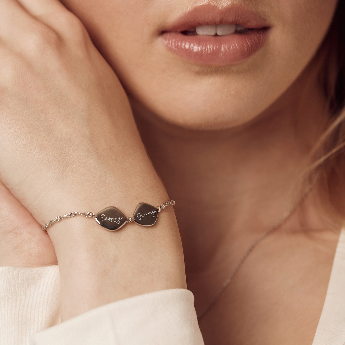 Family Name Bracelet, Sterling Silver Two Organic Pebbles