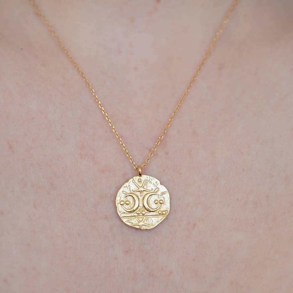 Crescent Moon And Stars Disc Necklace