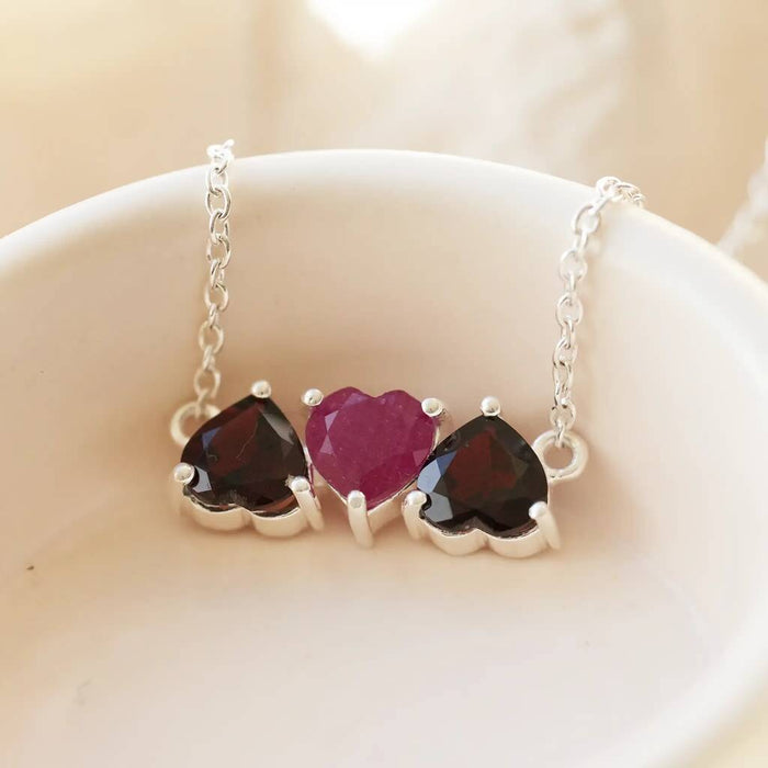 Silver Garnet And Ruby Heart Triple Heart Necklace