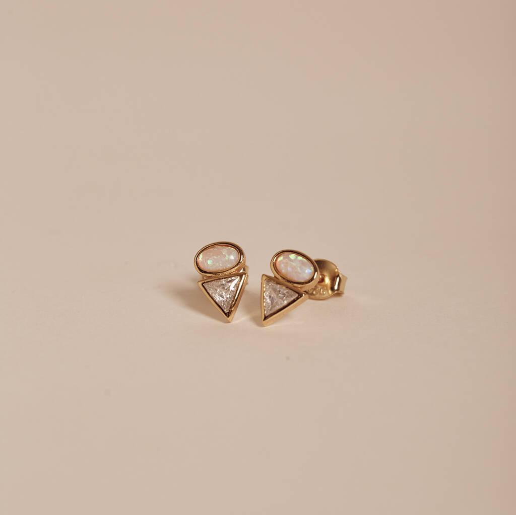 Gold Opal And Diamante Triangle Studs