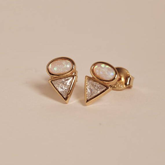 Gold Opal And Diamante Triangle Studs