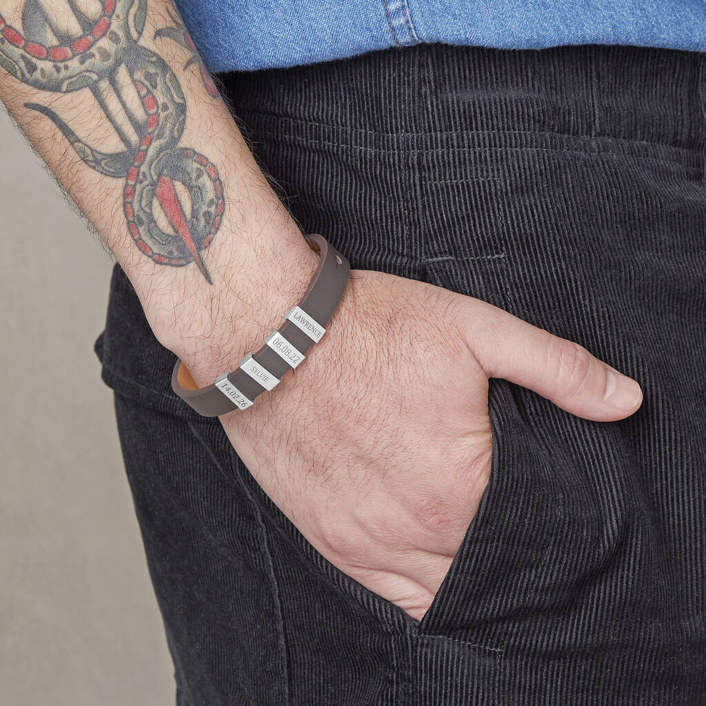 Personalised Mens Leather Cuff Names And Dates Bracelet