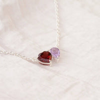 Silver Garnet And Light Amethyst Heart And Drop Necklace