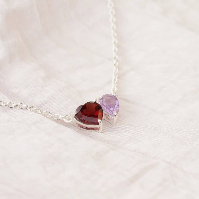 Silver Garnet And Light Amethyst Heart And Drop Necklace