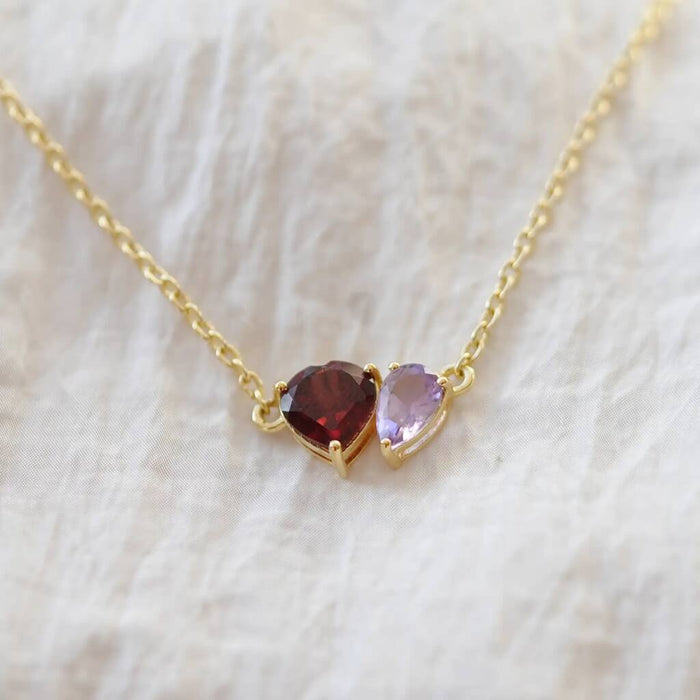 Gold Plated Garnet And Light Amethyst Heart And Drop Necklace