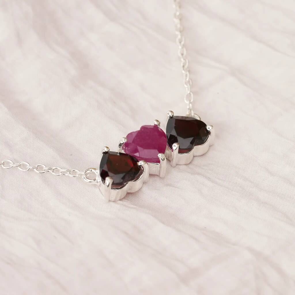 Silver Garnet And Ruby Heart Triple Heart Necklace