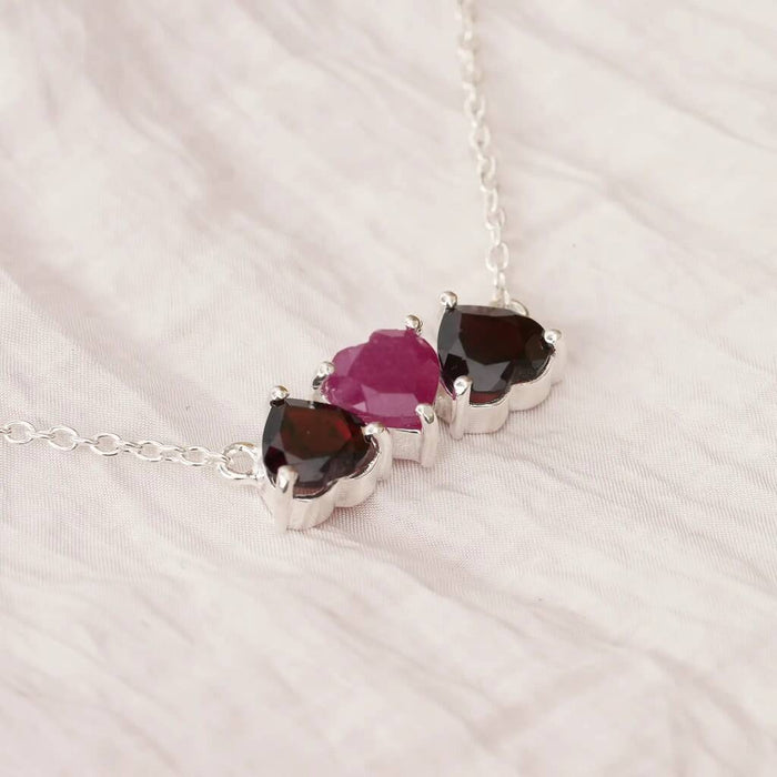 Silver Garnet And Ruby Heart Triple Heart Necklace