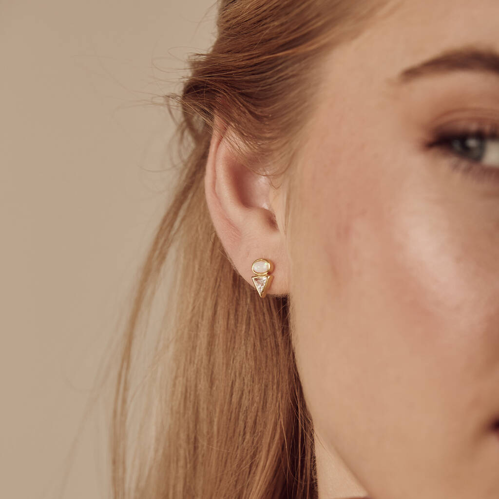 Gold Opal And Diamante Triangle Studs