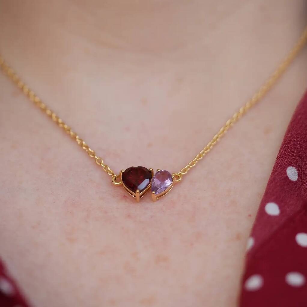 Gold Plated Garnet And Light Amethyst Heart And Drop Necklace