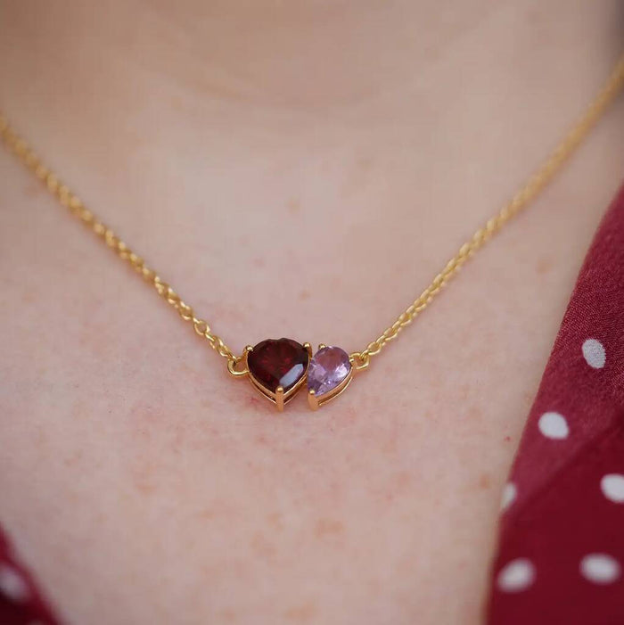 Gold Plated Garnet And Light Amethyst Heart And Drop Necklace