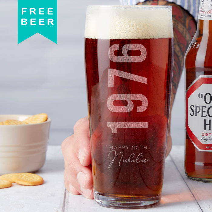 Personalised 50th Birth Year And Name Beer Glass